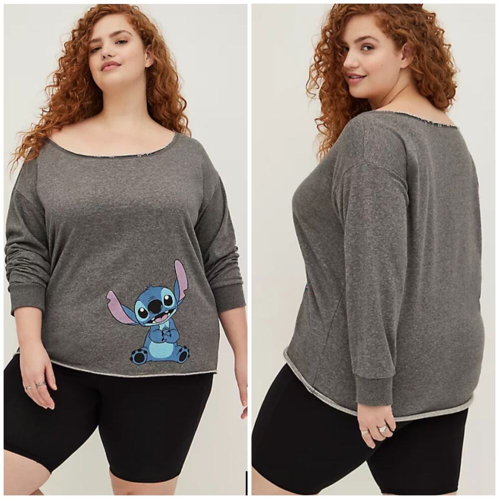 Torrid NWT Disney Lilo & Stitch Off Shoulder Sweatshirt Raw Hem Grey Size 4X